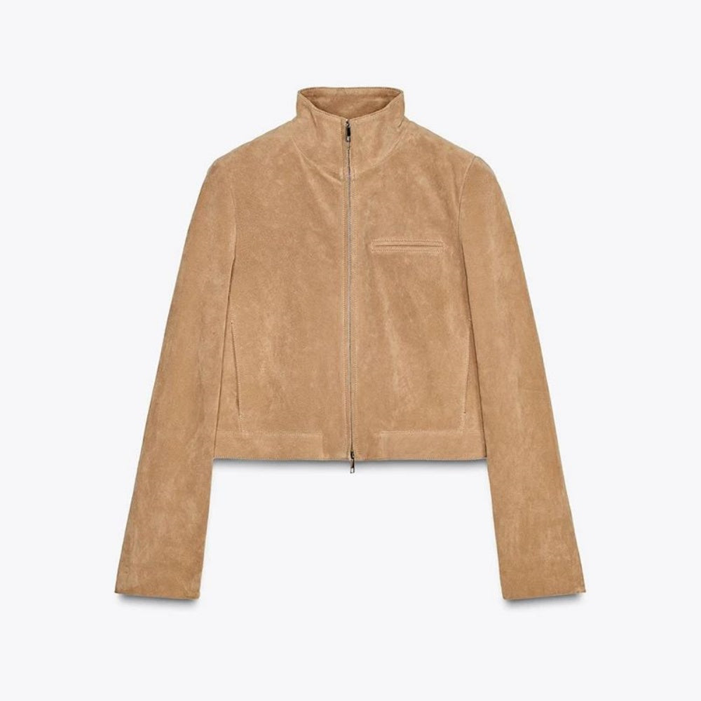 Spring Short Suede Jackets Women Brown Stand Collar Zip