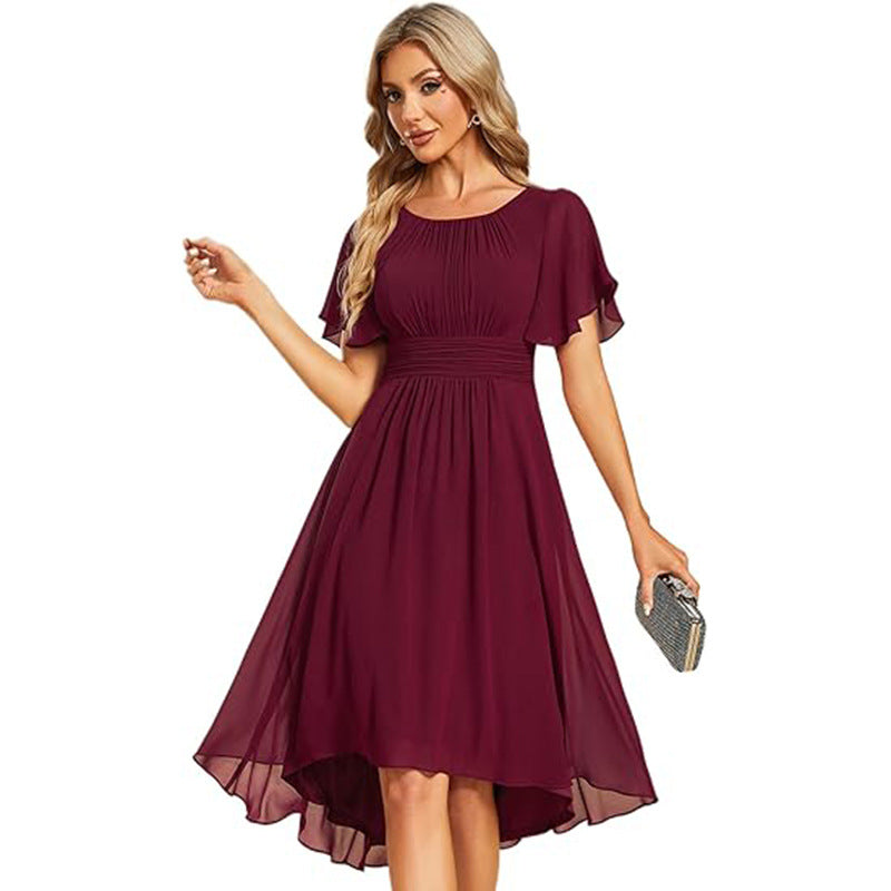 Women Round Neck Pleated Short Sleeve Elegant Evening Dress