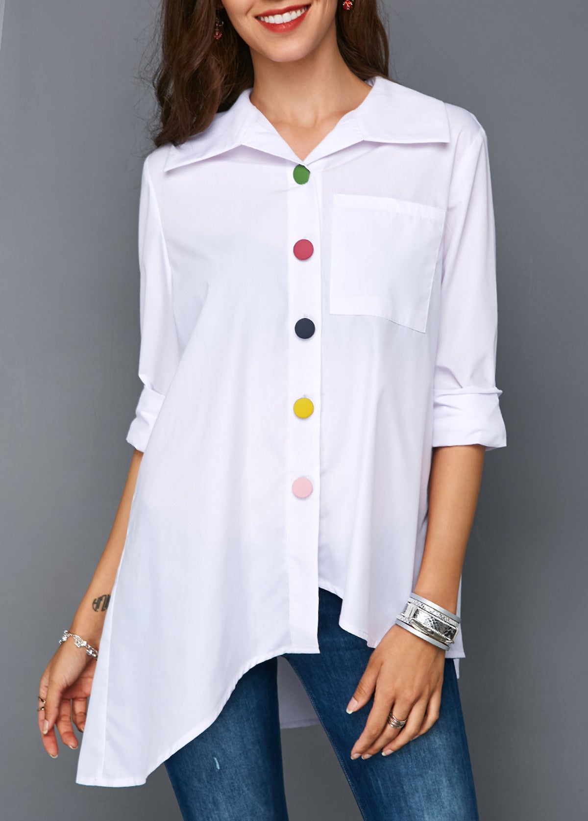 Women white shirt colorful button simple tops