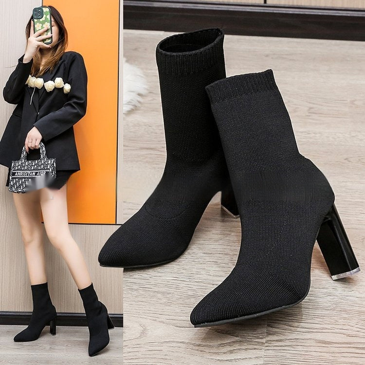New Winter Fashion Minimalist Chunky-heeled Knitted Suede Ankle Boots With Pointed Toes For Women