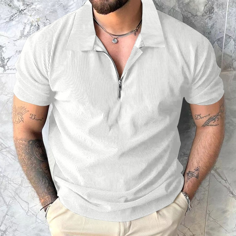 Solid Color Short Sleeve Men's Zipper Polo Shirt