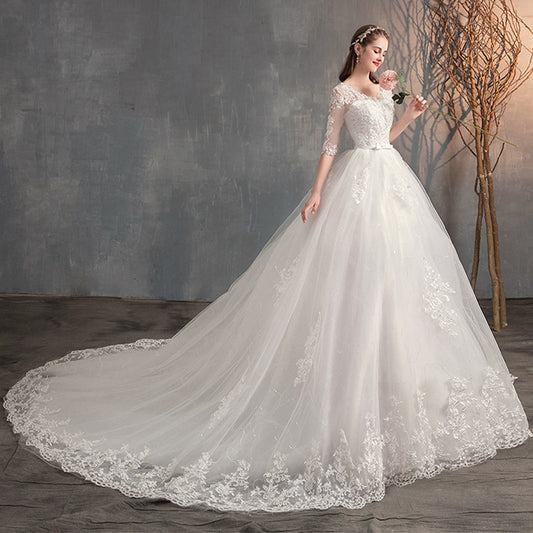 Long Sleeves Trailing Deep V Neck Lace High Waist Wedding Dress