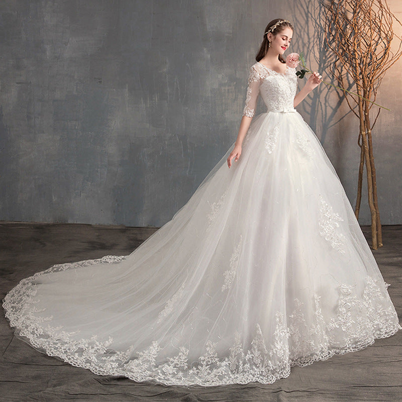 Long Sleeves Trailing Deep V Neck Lace High Waist Wedding Dress
