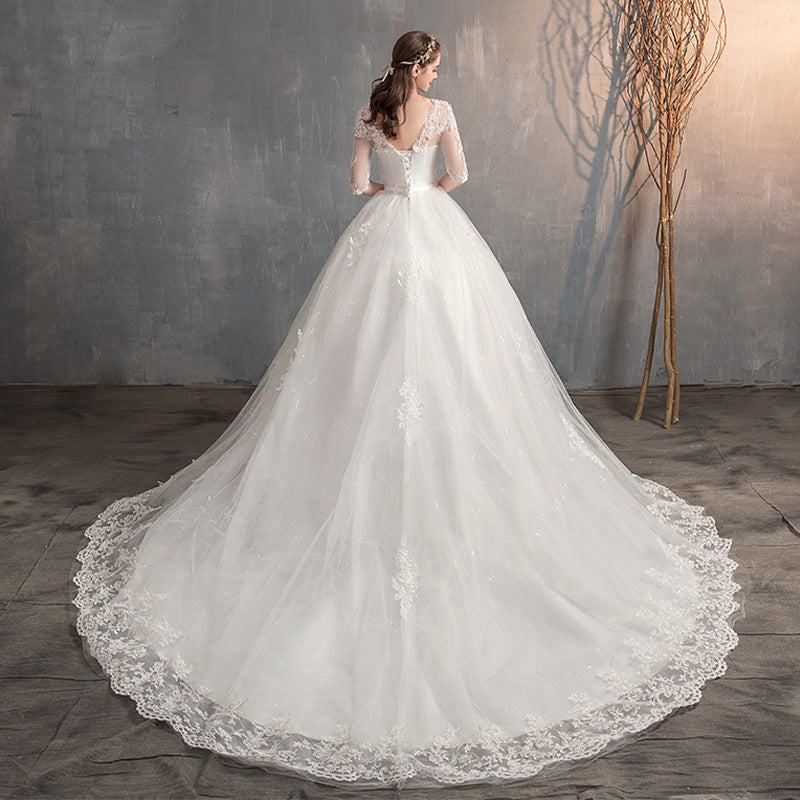 Long Sleeves Trailing Deep V Neck Lace High Waist Wedding Dress
