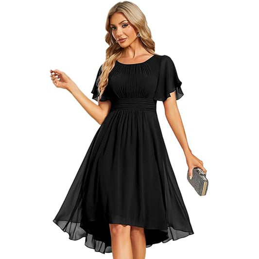 Women Round Neck Pleated Short Sleeve Elegant Evening Dress