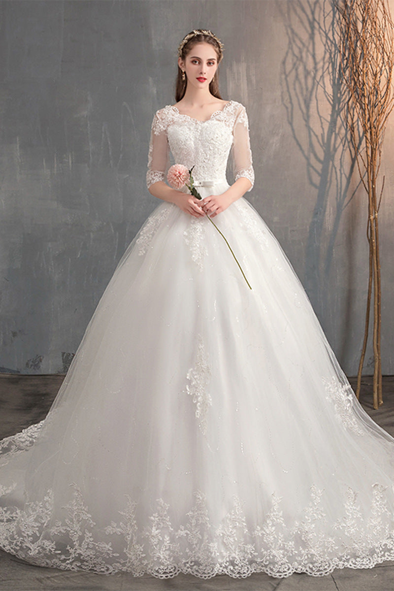 Long Sleeves Trailing Deep V Neck Lace High Waist Wedding Dress