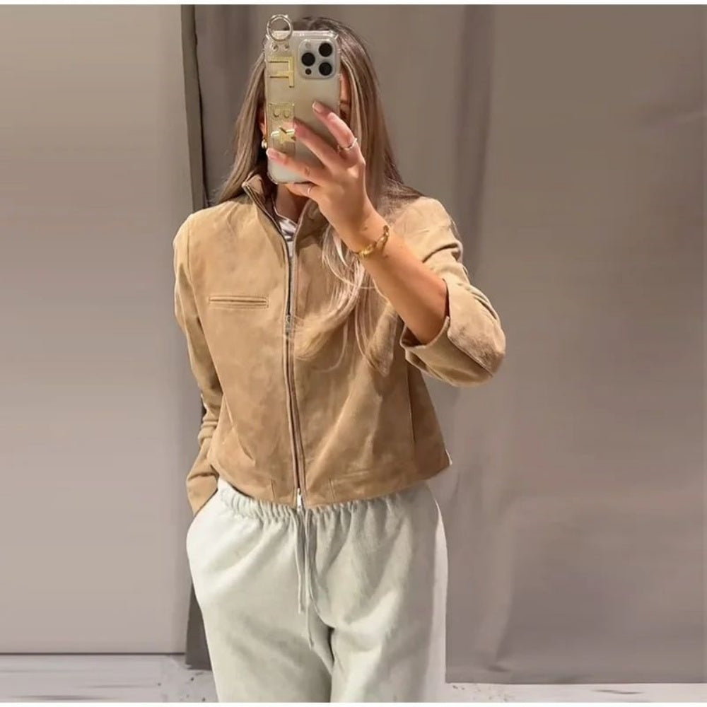 Spring Short Suede Jackets Women Brown Stand Collar Zip