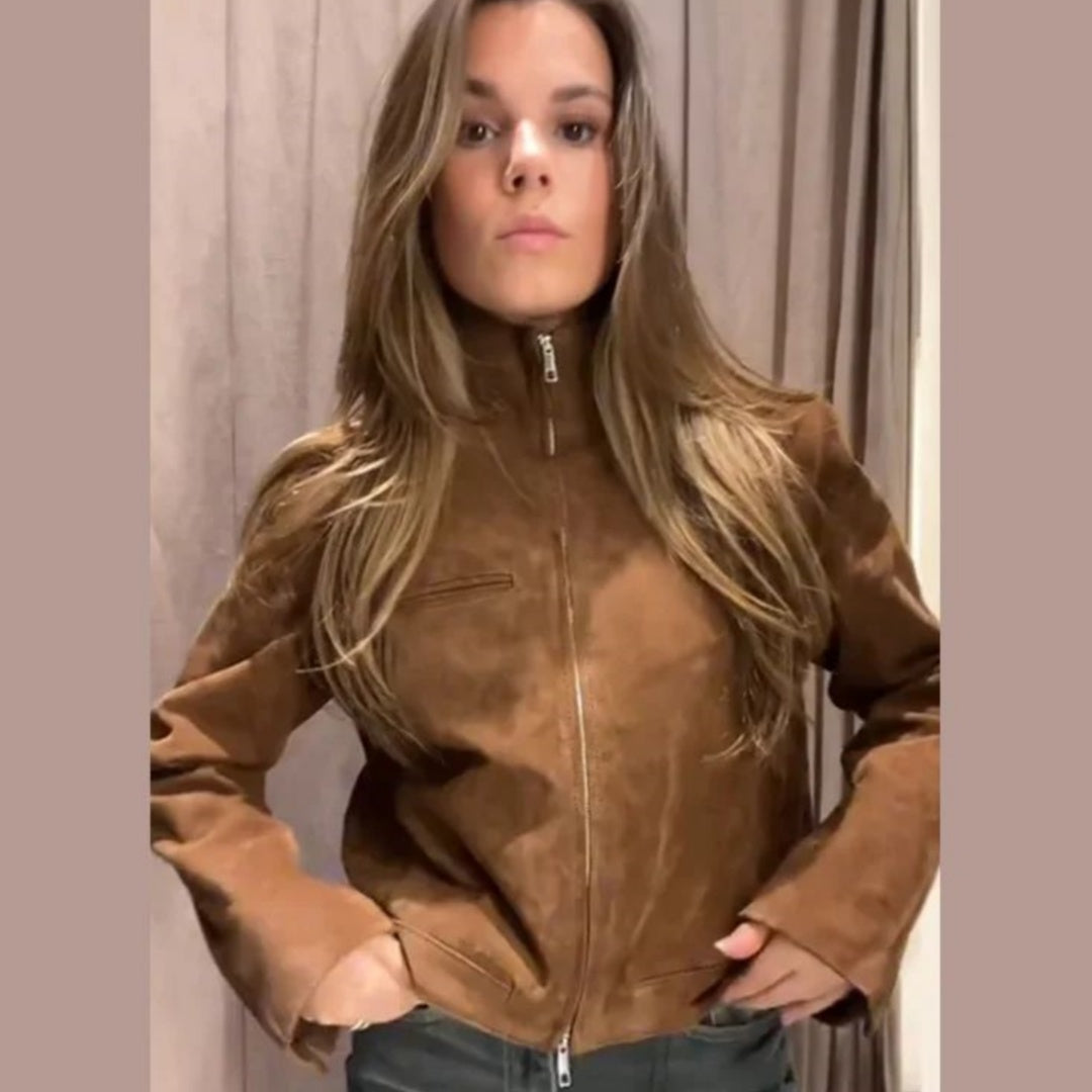 Spring Short Suede Jackets Women Brown Stand Collar Zip