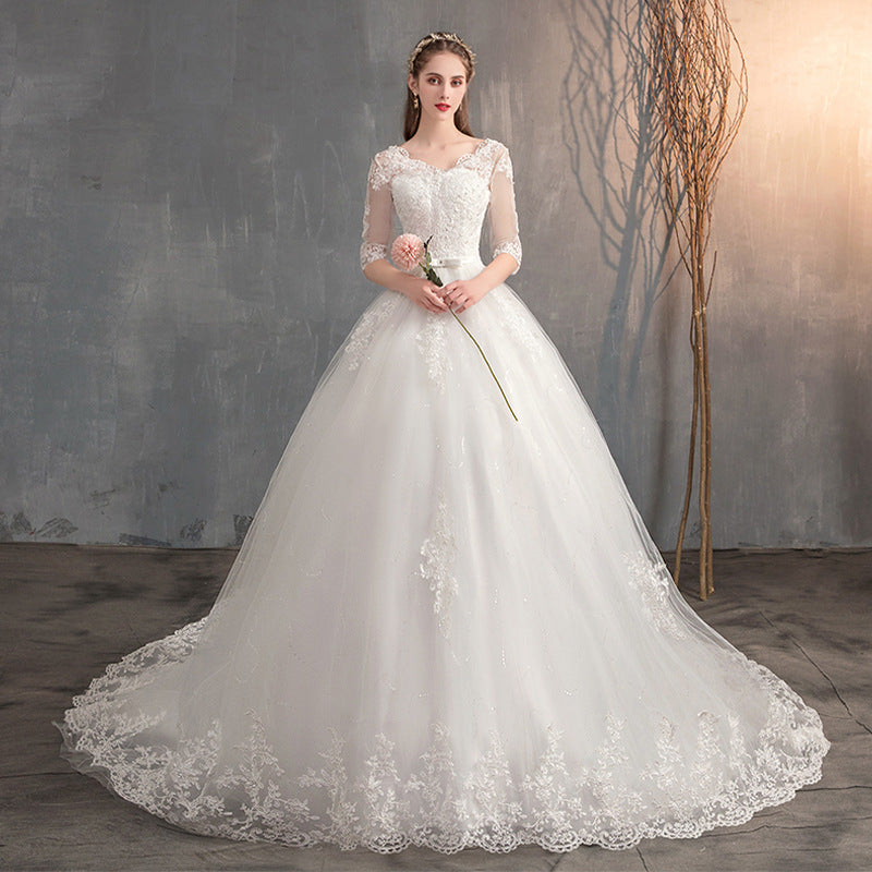 Long Sleeves Trailing Deep V Neck Lace High Waist Wedding Dress