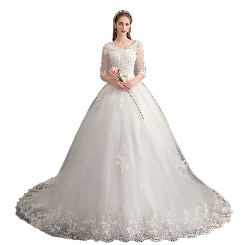 Long Sleeves Trailing Deep V Neck Lace High Waist Wedding Dress