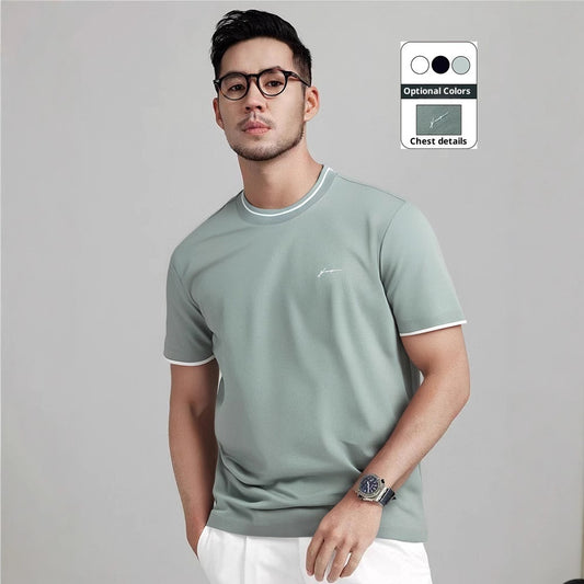 Trendy Color-blocked Round-neck T-shirt For Men With Personalized Artistic Signature Embroidery