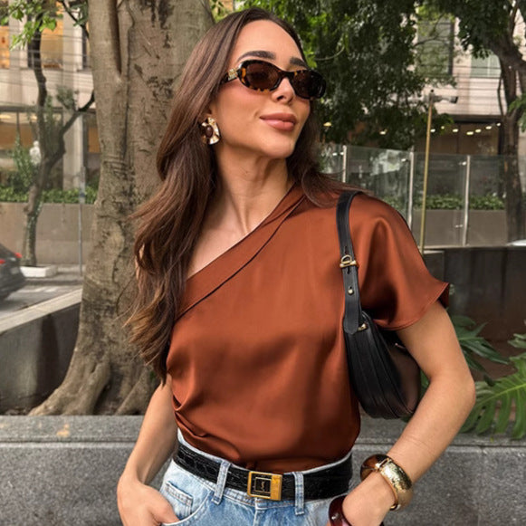 Irregular Collar Matte Color Fashion Tops Women