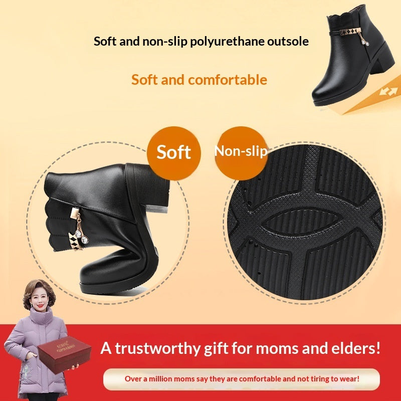 Middle-aged And Elderly Mid-age Warm Short Boots Anti-slip Leather Shoes